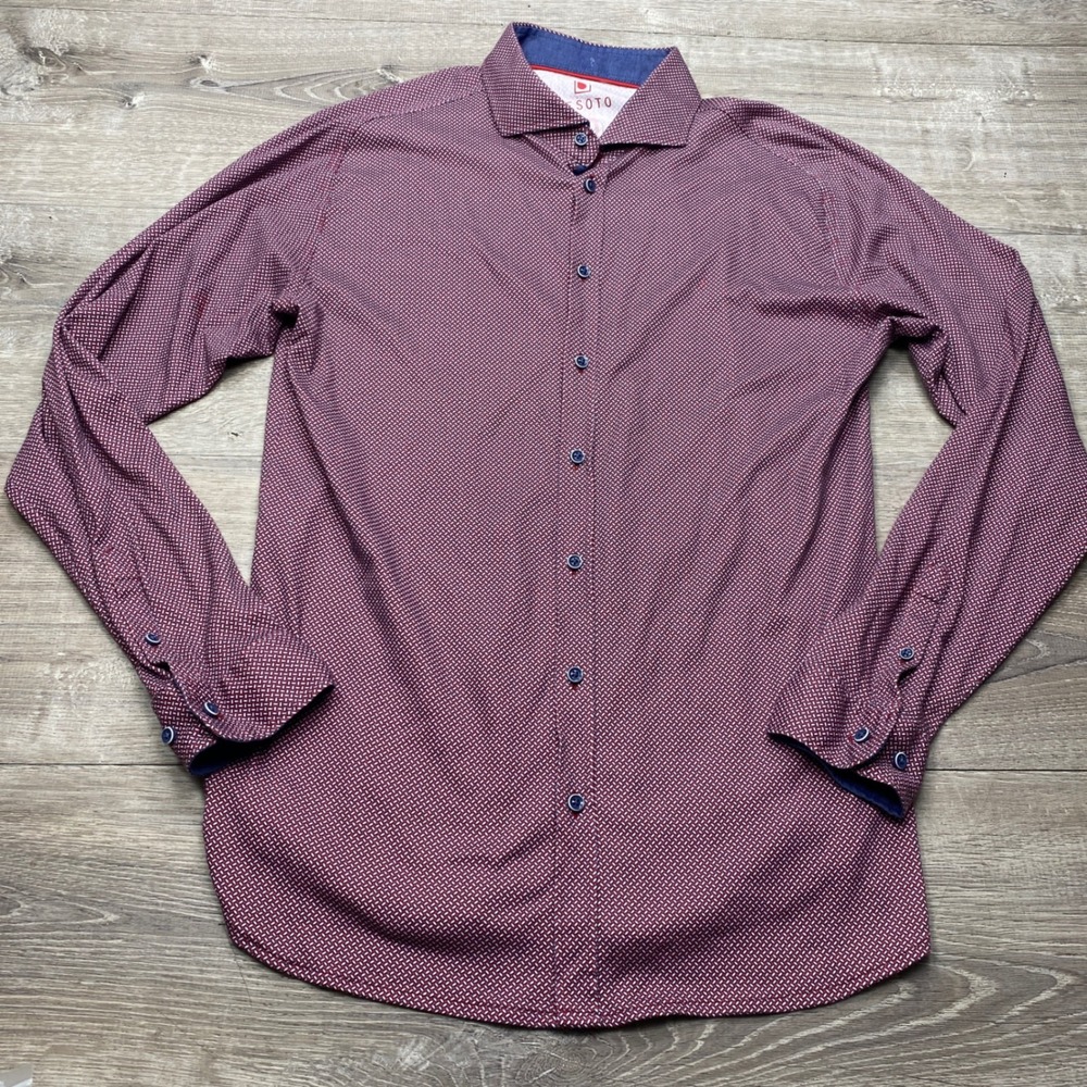 Desoto Button Down Shirt Mens L Burgundy Micro Print Jersey Knit Casual Business